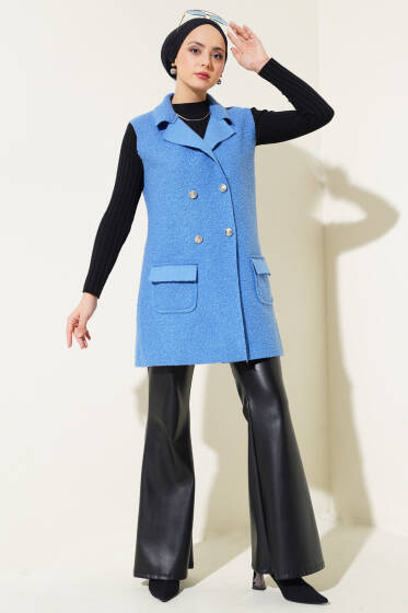 Kruvaze Yaka Buklet Yelek Mavi - Yelek