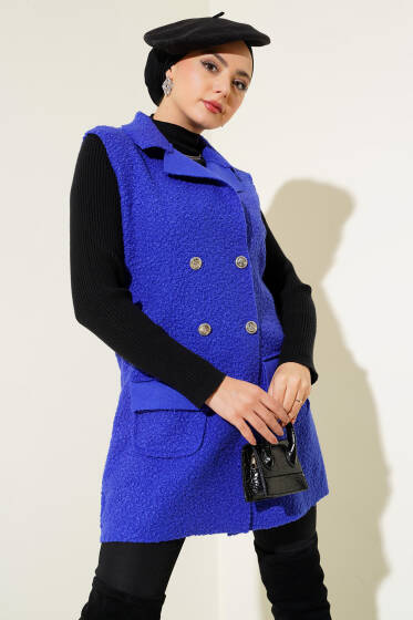 Kruvaze Yaka Buklet Yelek Saks - Yelek