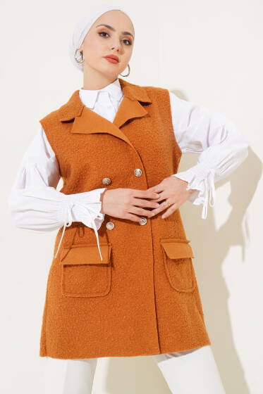 	 Kruvaze Yaka Buklet Yelek Taba - Yelek