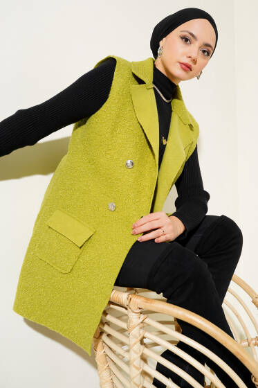 Kruvaze Yaka Buklet Yelek Yeşil - Yelek
