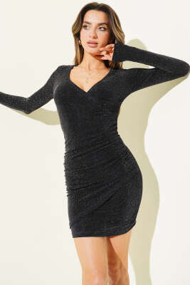 Kruvaze Yaka Büzgülü Simli Mini Elbise Siyah - Kadın Giyim Modelleri