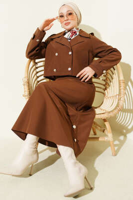 Kruvaze Yaka Ceket Etekli İkili Takım Kahve - NK BY KORKUT