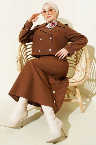 Kruvaze Yaka Ceket Etekli İkili Takım Kahve - İkili Takım
