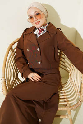 Kruvaze Yaka Ceket Etekli İkili Takım Kahve - İkili Takım