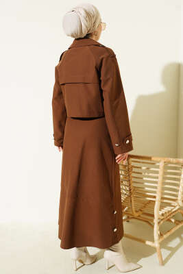 Kruvaze Yaka Ceket Etekli İkili Takım Kahve - İkili Takım