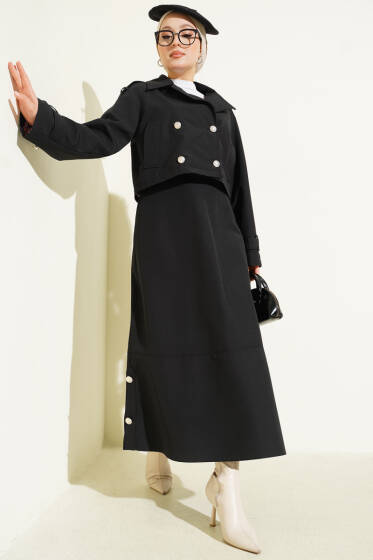 Kruvaze Yaka Ceket Etekli İkili Takım Siyah - İkili Takım