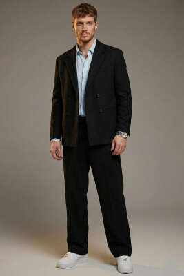 Kruvaze Yaka Ceketli Erkek Takım Elbise Siyah - TAKIM ELBİSE