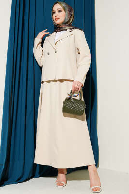 Kruvaze Yaka Ceketli Etekli Dabıl Takım Bej - TEGOE