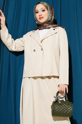 Kruvaze Yaka Ceketli Etekli Dabıl Takım Bej - İkili Takım