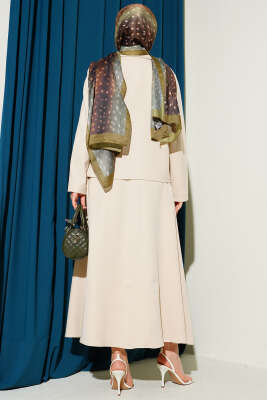 Kruvaze Yaka Ceketli Etekli Dabıl Takım Bej - İkili Takım