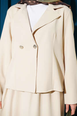 Kruvaze Yaka Ceketli Etekli Dabıl Takım Bej - İkili Takım