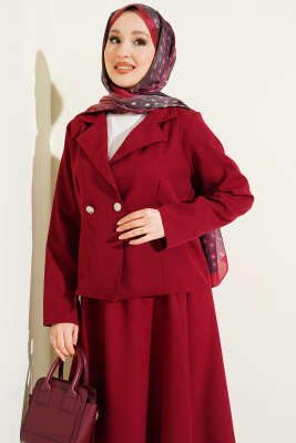 Kruvaze Yaka Ceketli Etekli Dabıl Takım Bordo - İkili Takım