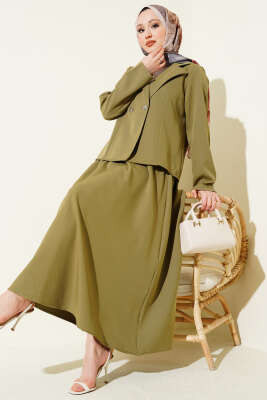 Kruvaze Yaka Ceketli Etekli Dabıl Takım Çağla Yeşili - İkili Takım