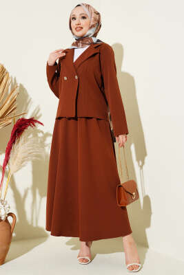 Kruvaze Yaka Ceketli Etekli Dabıl Takım Kahve - TEGOE