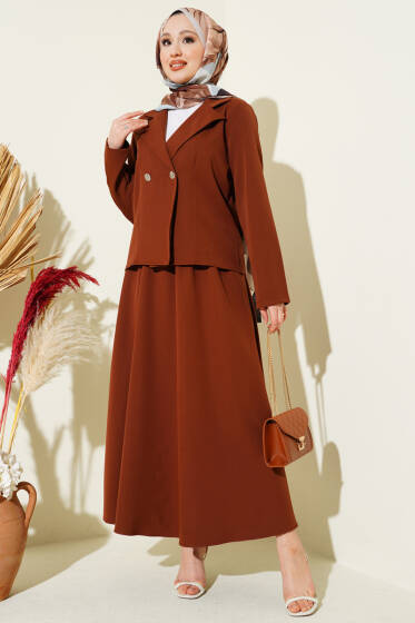 Kruvaze Yaka Ceketli Etekli Dabıl Takım Kahve - İkili Takım