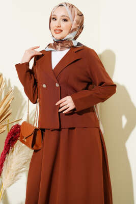Kruvaze Yaka Ceketli Etekli Dabıl Takım Kahve - İkili Takım