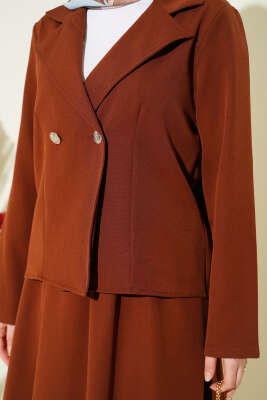 Kruvaze Yaka Ceketli Etekli Dabıl Takım Kahve - İkili Takım