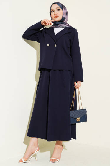 Kruvaze Yaka Ceketli Etekli Dabıl Takım Lacivert - İkili Takım