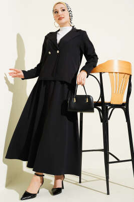 Kruvaze Yaka Ceketli Etekli Dabıl Takım Siyah - TEGOE