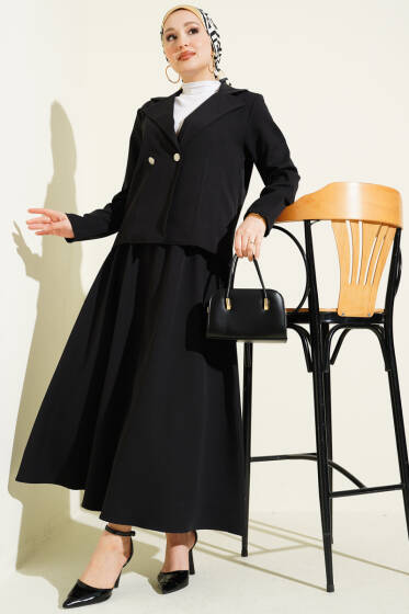 Kruvaze Yaka Ceketli Etekli Dabıl Takım Siyah - İkili Takım