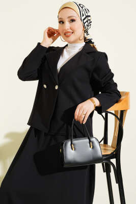 Kruvaze Yaka Ceketli Etekli Dabıl Takım Siyah - İkili Takım