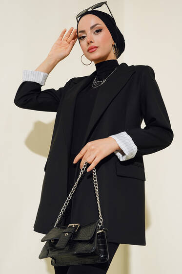 Kruvaze Yaka Cepli Ceket Siyah - Ceket