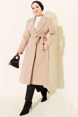 Kruvaze Yaka Cepli Kaşe Kaban Bej 