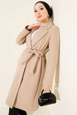 Kruvaze Yaka Cepli Kaşe Kaban Bej - Kaban