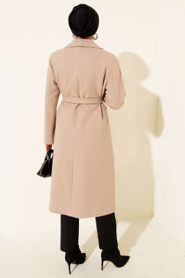 Kruvaze Yaka Cepli Kaşe Kaban Bej - Kaban