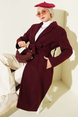 Kruvaze Yaka Cepli Kaşe Kaban Bordo - BERAT TEKSTİL