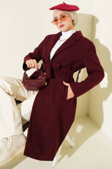 Kruvaze Yaka Cepli Kaşe Kaban Bordo - Kaban