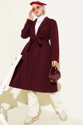 Kruvaze Yaka Cepli Kaşe Kaban Bordo - Kaban