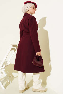 Kruvaze Yaka Cepli Kaşe Kaban Bordo - Kaban