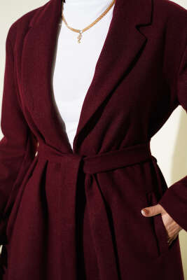 Kruvaze Yaka Cepli Kaşe Kaban Bordo - Kaban