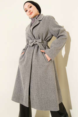 Kruvaze Yaka Cepli Kaşe Kaban Füme 