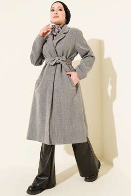 Kruvaze Yaka Cepli Kaşe Kaban Füme - Kaban