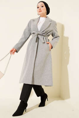 Kruvaze Yaka Cepli Kaşe Kaban Gri - Kaban