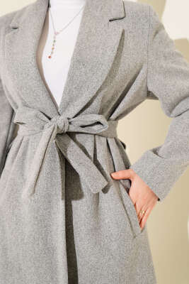 Kruvaze Yaka Cepli Kaşe Kaban Gri - Kaban