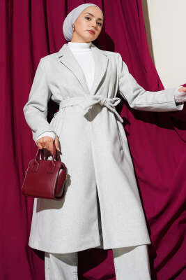 Kruvaze Yaka Cepli Kaşe Kaban Melanj Gri - BERAT TEKSTİL