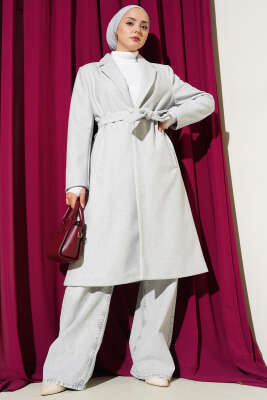 Kruvaze Yaka Cepli Kaşe Kaban Melanj Gri - Kaban