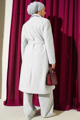 Kruvaze Yaka Cepli Kaşe Kaban Melanj Gri - Kaban