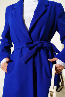 Kruvaze Yaka Cepli Kaşe Kaban Saks - Kaban