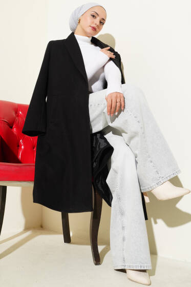 Kruvaze Yaka Cepli Kaşe Kaban Siyah - Kaban