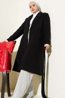 Kruvaze Yaka Cepli Kaşe Kaban Siyah - Kaban