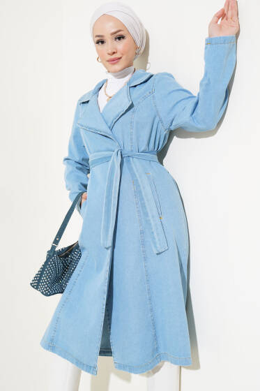 Kruvaze Yaka Cepli Kot Trençkot Buz Mavisi - Trençkot