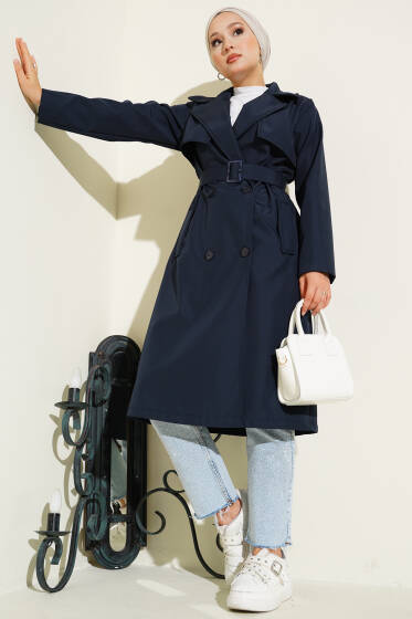 Kruvaze Yaka Cepli Kuşaklı Trençkot Lacivert - Trençkot