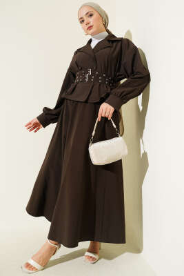 Kruvaze Yaka Çift Kemerli Etekli Takım Acı Kahve - HEWES