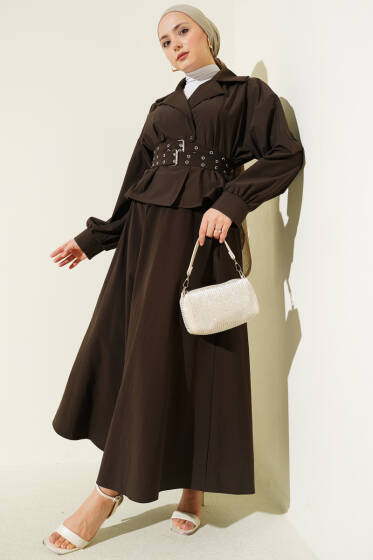 Kruvaze Yaka Çift Kemerli Etekli Takım Acı Kahve - İkili Takım
