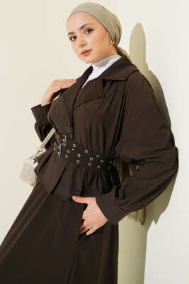 Kruvaze Yaka Çift Kemerli Etekli Takım Acı Kahve - İkili Takım