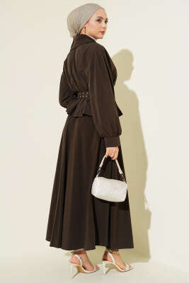 Kruvaze Yaka Çift Kemerli Etekli Takım Acı Kahve - İkili Takım